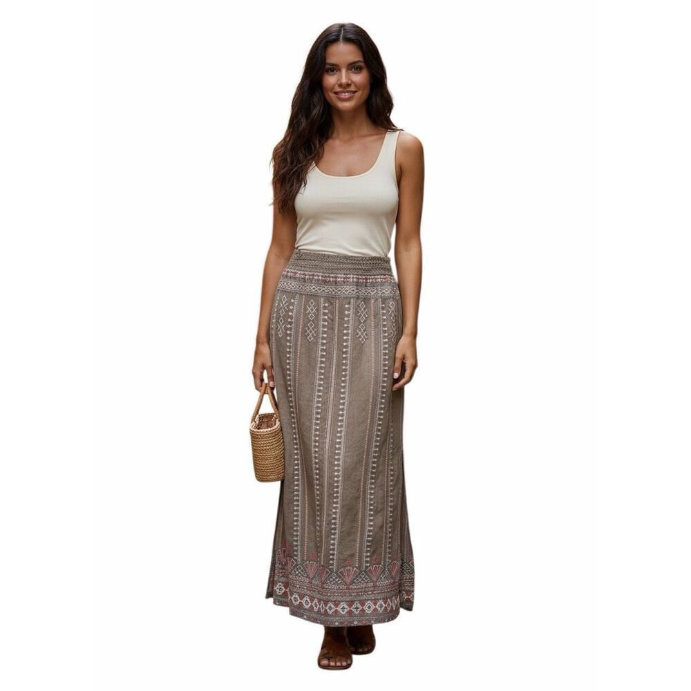 Johnny Was Pull On skirt Embroidered Boho Side Slit Tan size Medium